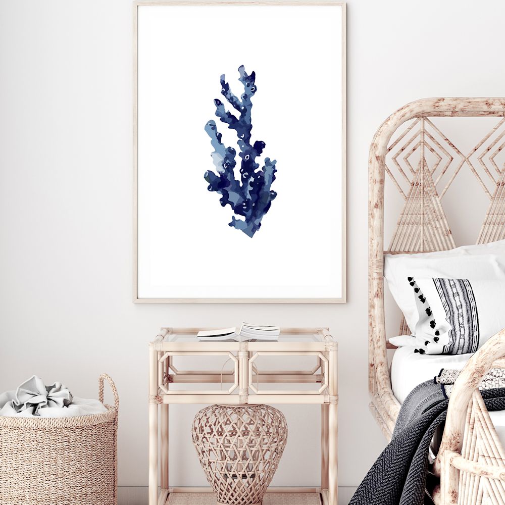 Navy Blue Coral Wall Art Photograph Print or Canvas Framed or Unframed in Bedroom Beautiful Home Decor