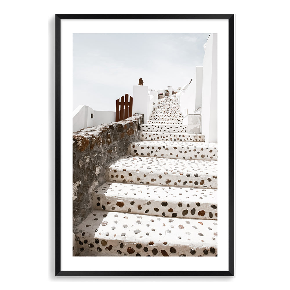 Oia Town Stairs in Santorini Greece Wall Art Photograph Print or Canvas Black Framed or Unframed Beautiful Home Decor