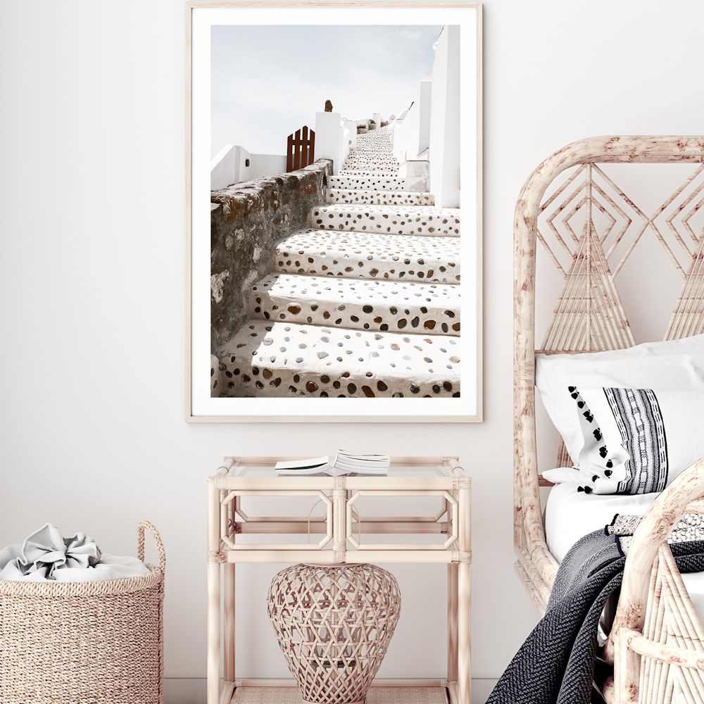 Oia Town Stairs in Santorini Greece Wall Art Photograph Print or Canvas Framed or Unframed in Bedroom Beautiful Home Decor