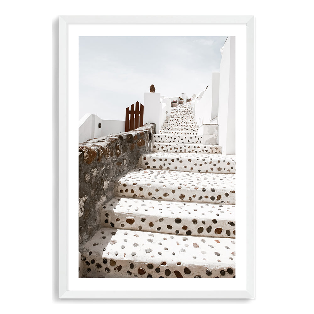 Oia Town Stairs in Santorini Greece Wall Art Photograph Print or Canvas white Framed or Unframed Beautiful Home Decor