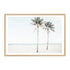 A coastal  wall art of the beach and two palm trees, available in print and canvas. 