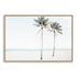 A coastal  wall art of the beach and two palm trees, unframed or timber, black or white frames.