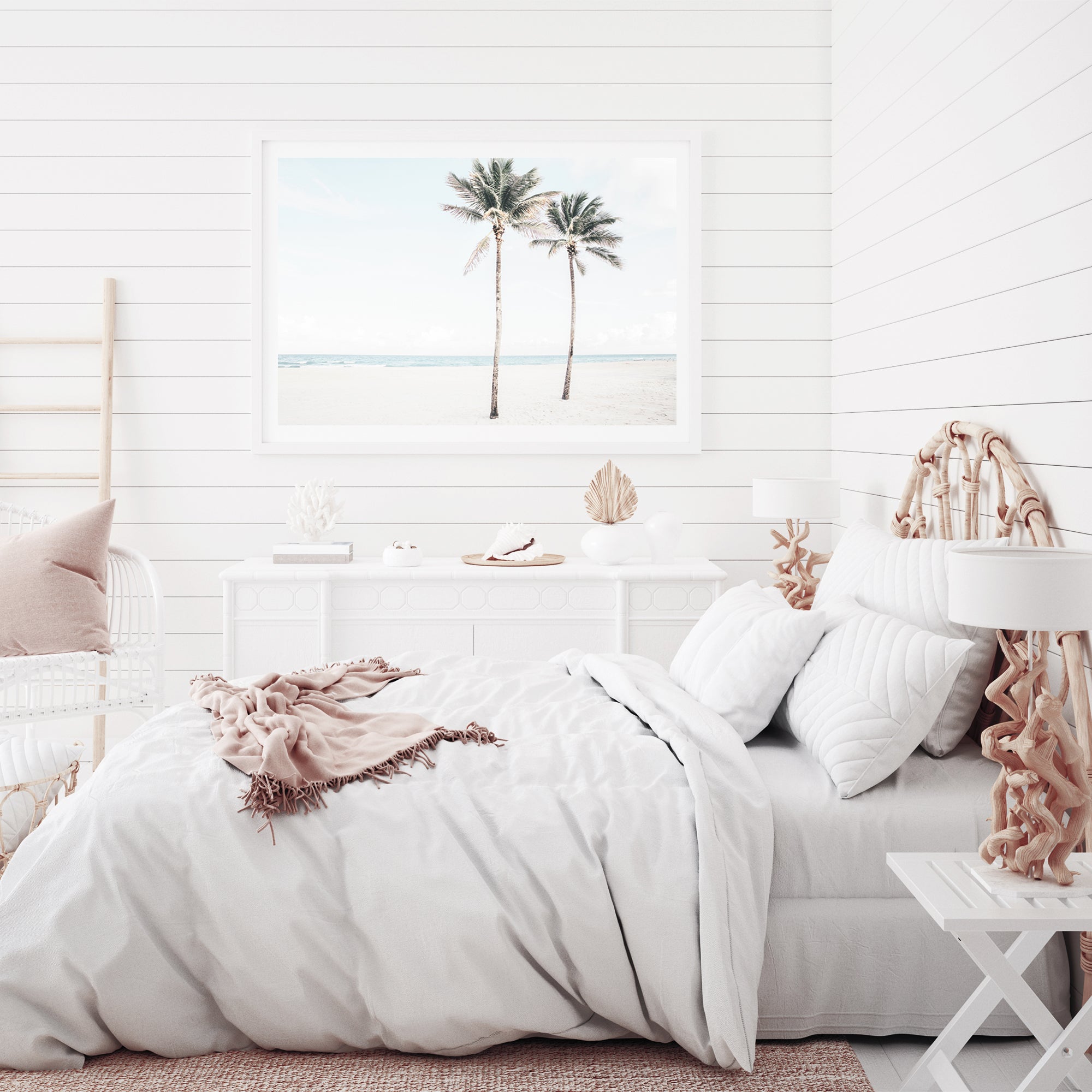 Two palm trees and the beach make up this relaxing Coastal art print,available in an unframed poster print, stretched canvas or with a timber, white or black frame. 