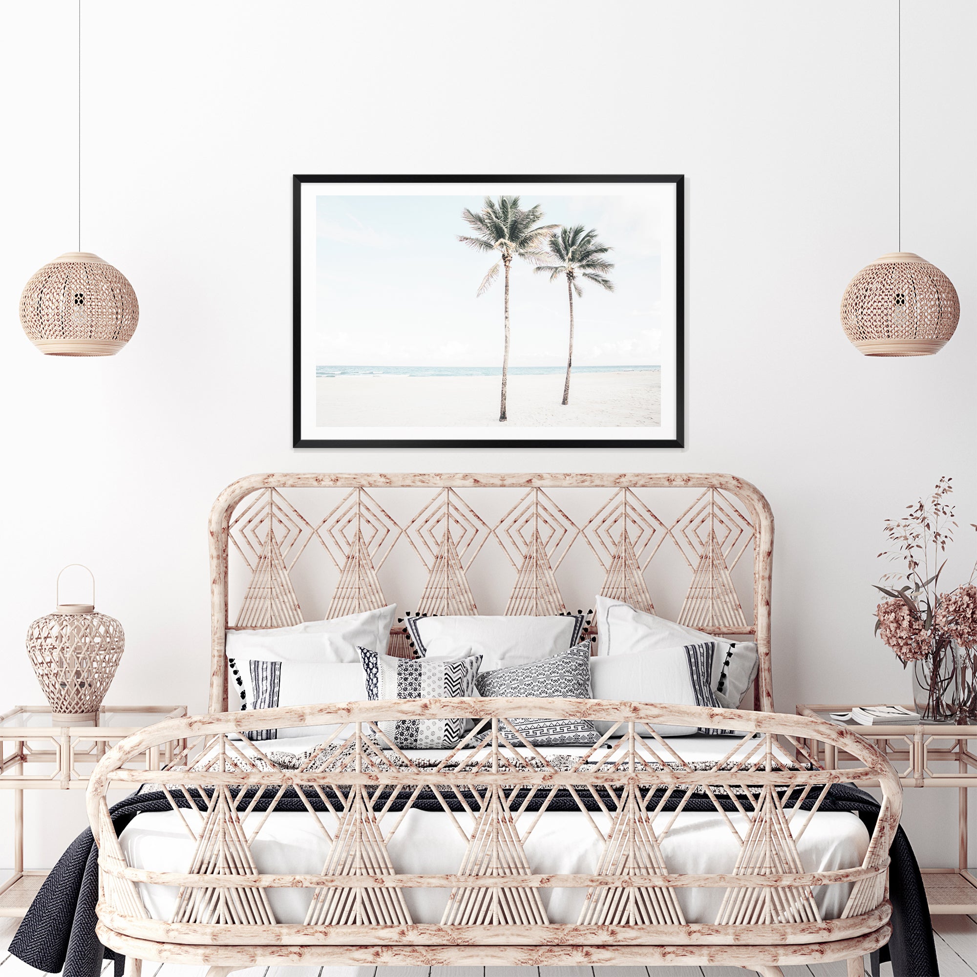 A Hamptons artwork of two palm trees and the beach, available unframed or timber, black or white frames.