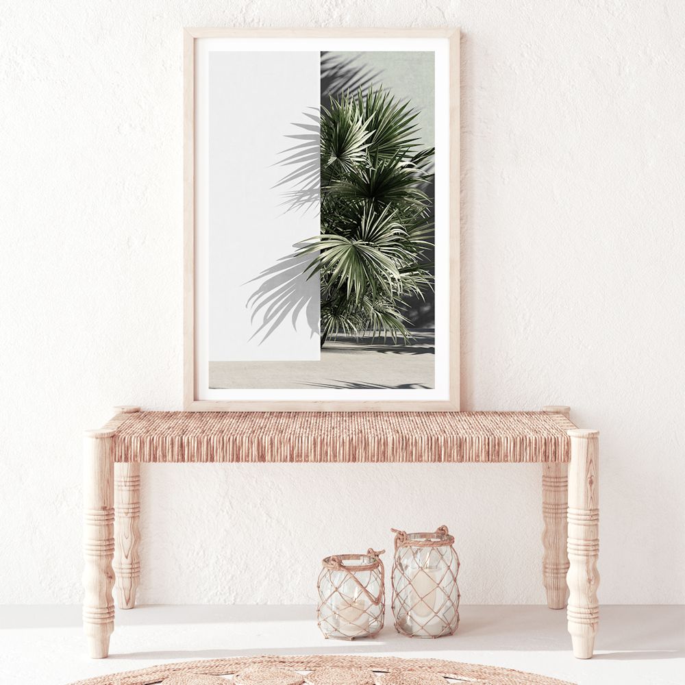 Stretched canvas artwork of green palm fronds against a white wall, available as an unframed or framed print. 