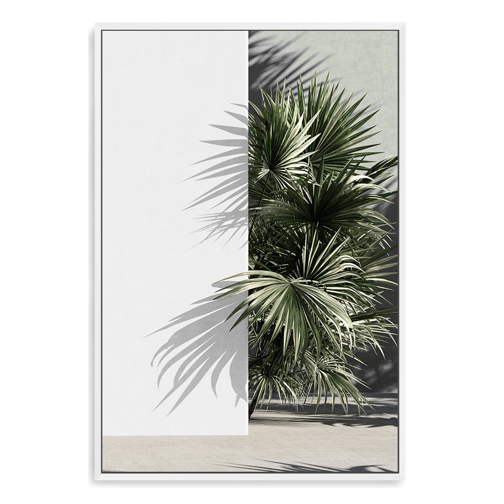 A wall art print of the beautiful green palm fronds against a white wall, available as a framed or unframed print. 