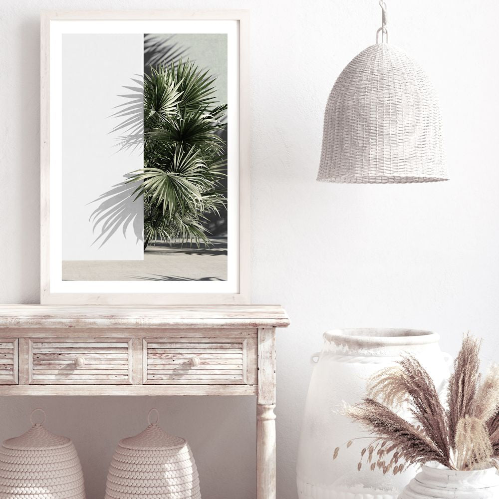 Stretched canvas artwork featuring beautiful green palm fronds against a white wall , available in timber, black or white frames or unframed