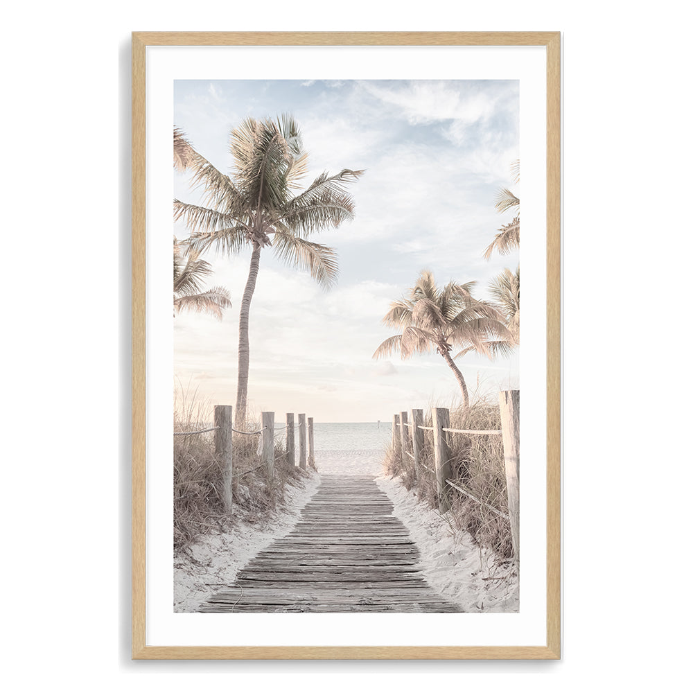 A coastal art print of a pathway down to the beach surrounded by palm trees at Florida Keys, available in canvas and wall art print.   