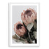 An artwork featuring two beautiful peach protea flowers with green leaves in muted tones, available framed or unframed.