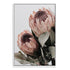 A framed or unframed stretched canvas wall art print of two beautiful peach protea flowers with green leaves.