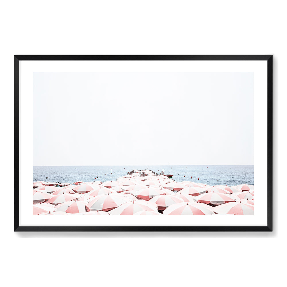 Pink Umbrellas on Amalfi Coast Beach Wall Art Photograph Print or Canvas Black Framed or Unframed Beautiful Home Decor