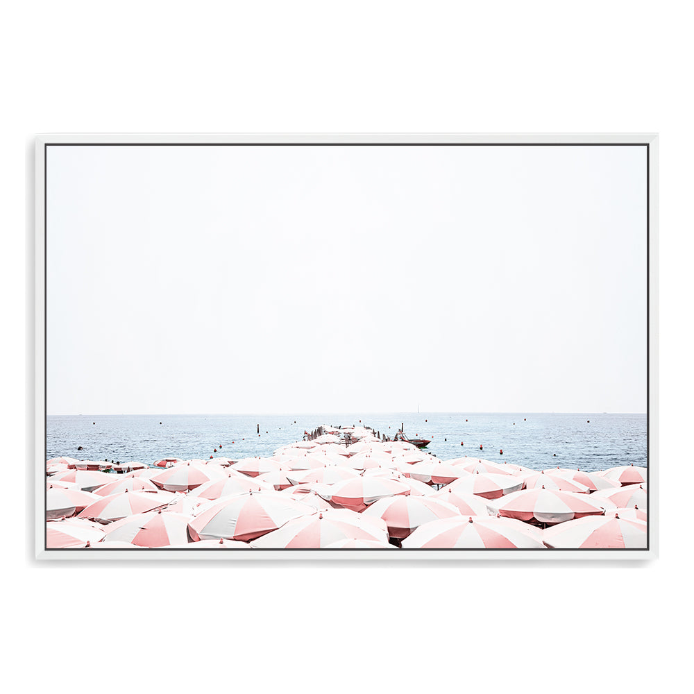 Pink Umbrellas on Amalfi Coast Beach Wall Art Photograph Print or Canvas Framed in white or Unframed Beautiful Home Decor