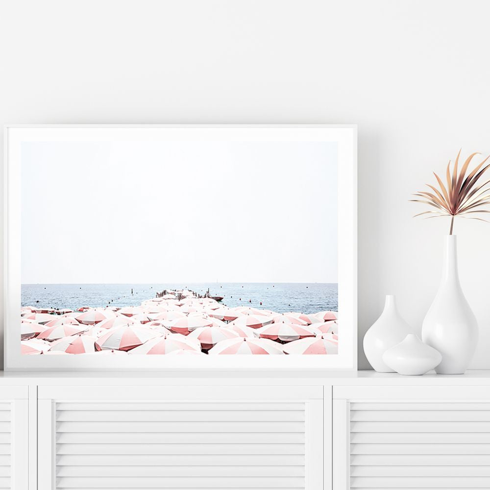 Pink Umbrellas on Amalfi Coast Beach Wall Art Photograph Print or Canvas Framed or Unframed TV Console Beautiful Home Decor