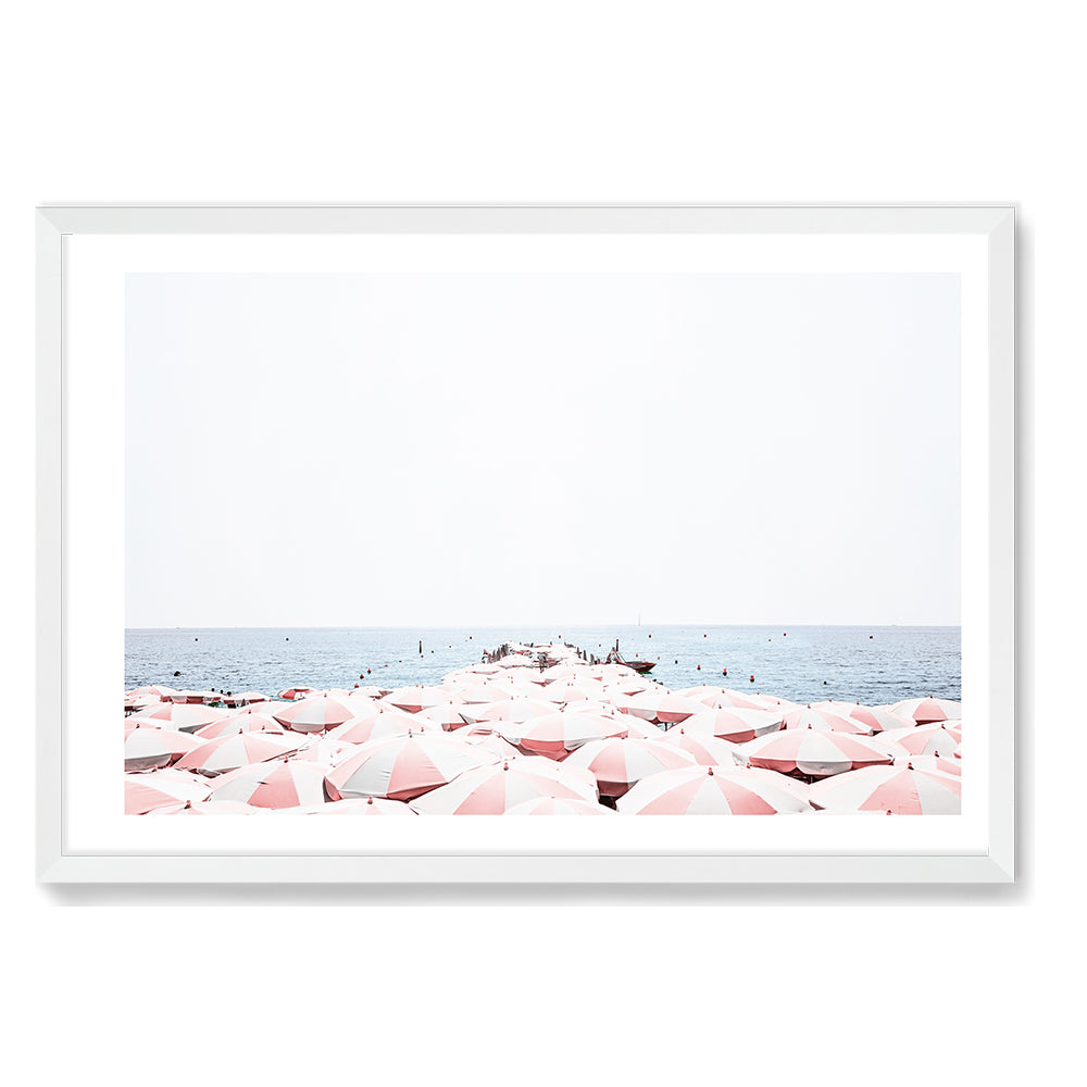 Pink Umbrellas on Amalfi Coast Beach Wall Art Photograph Print or Canvas white Framed or Unframed Beautiful Home Decor