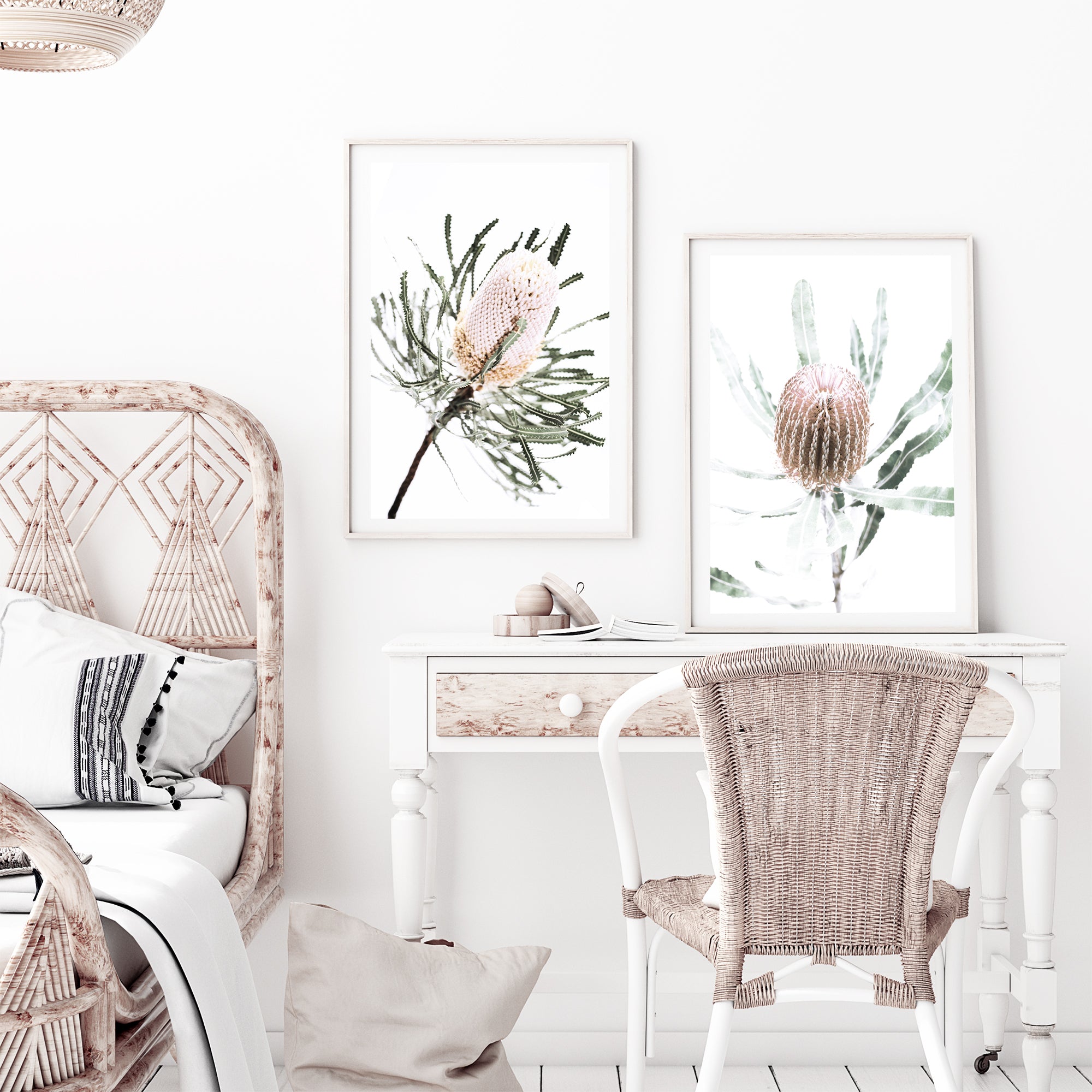 A wall art set featuring the beautiful peach cream and greens of the Australian native Banksia flower in a floral art prints. 