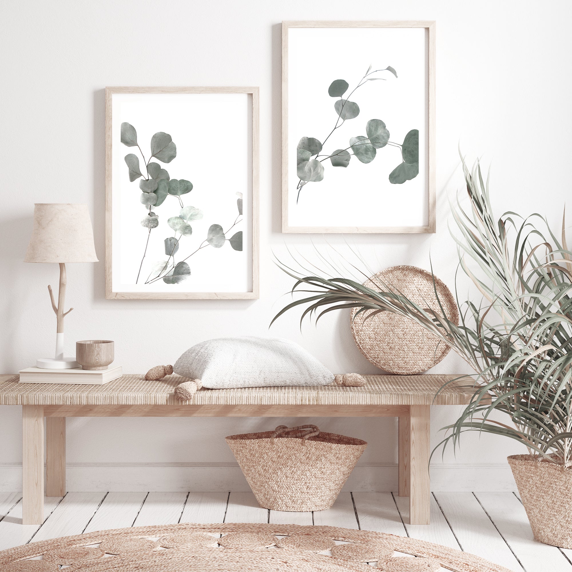 A popular set of 2 wall art prints of eucalyptus leaves with a neutral background, available in an unframed poster print only. 