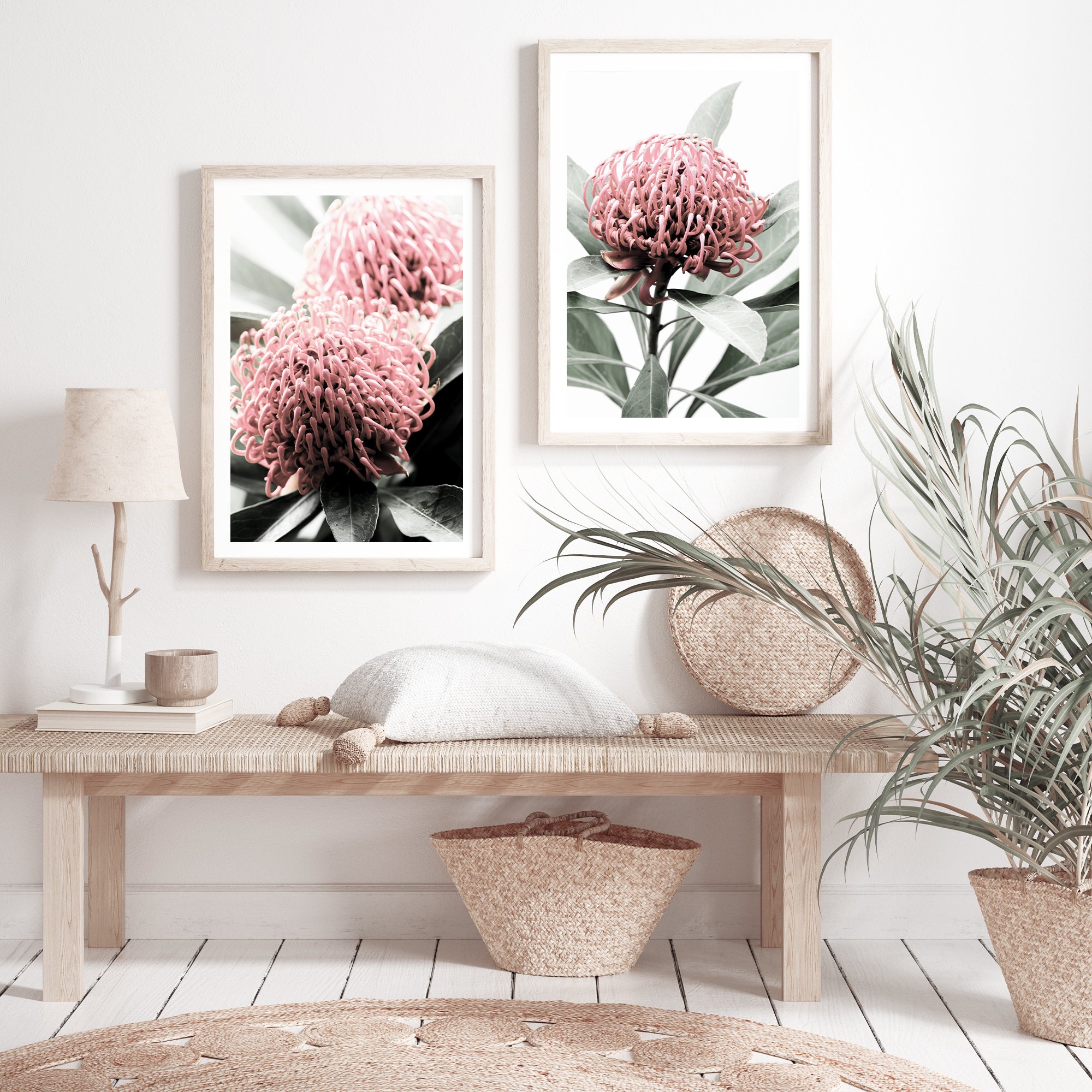 The beautiful reds and green of the Australian native Waratah flower is highlighted in this popular wall art set.