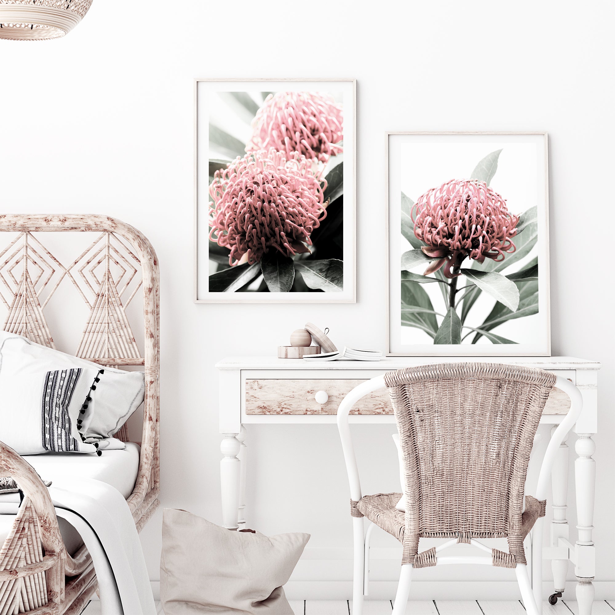 An artwork set of prints featuring the beautiful reds and green of the Australian native Waratah flower.