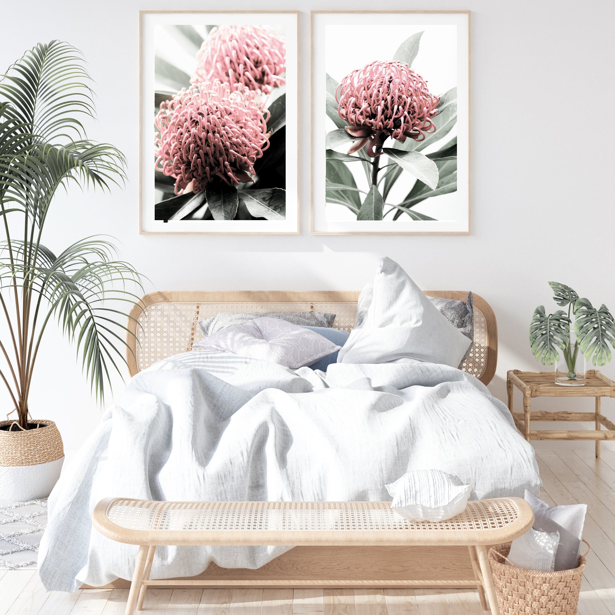 An unframed artwork set of 2 prints featuring the beautiful reds and green of the Australian native Waratah flower.