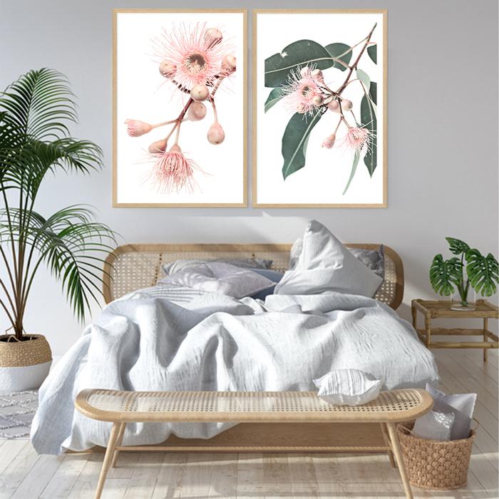 Decorate your walls with a set of 2 native gum pink eucalyptus flowers wall art prints.