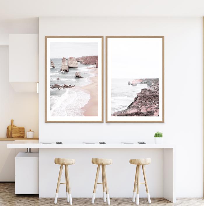 A set of two wall art prints featuring the beautiful Australian Coast line and the Twelve Apostles as seen from the Great Ocean Road. 