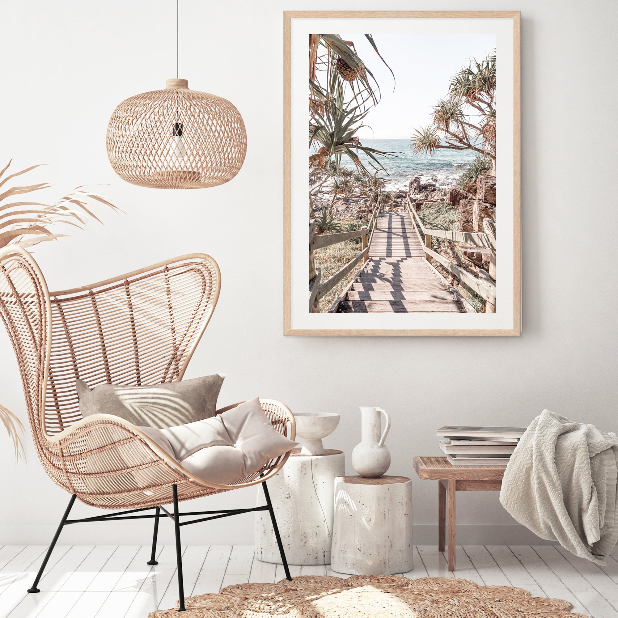 Stetched canvas print of stairs to the beach artwork, available framed or unframed.
