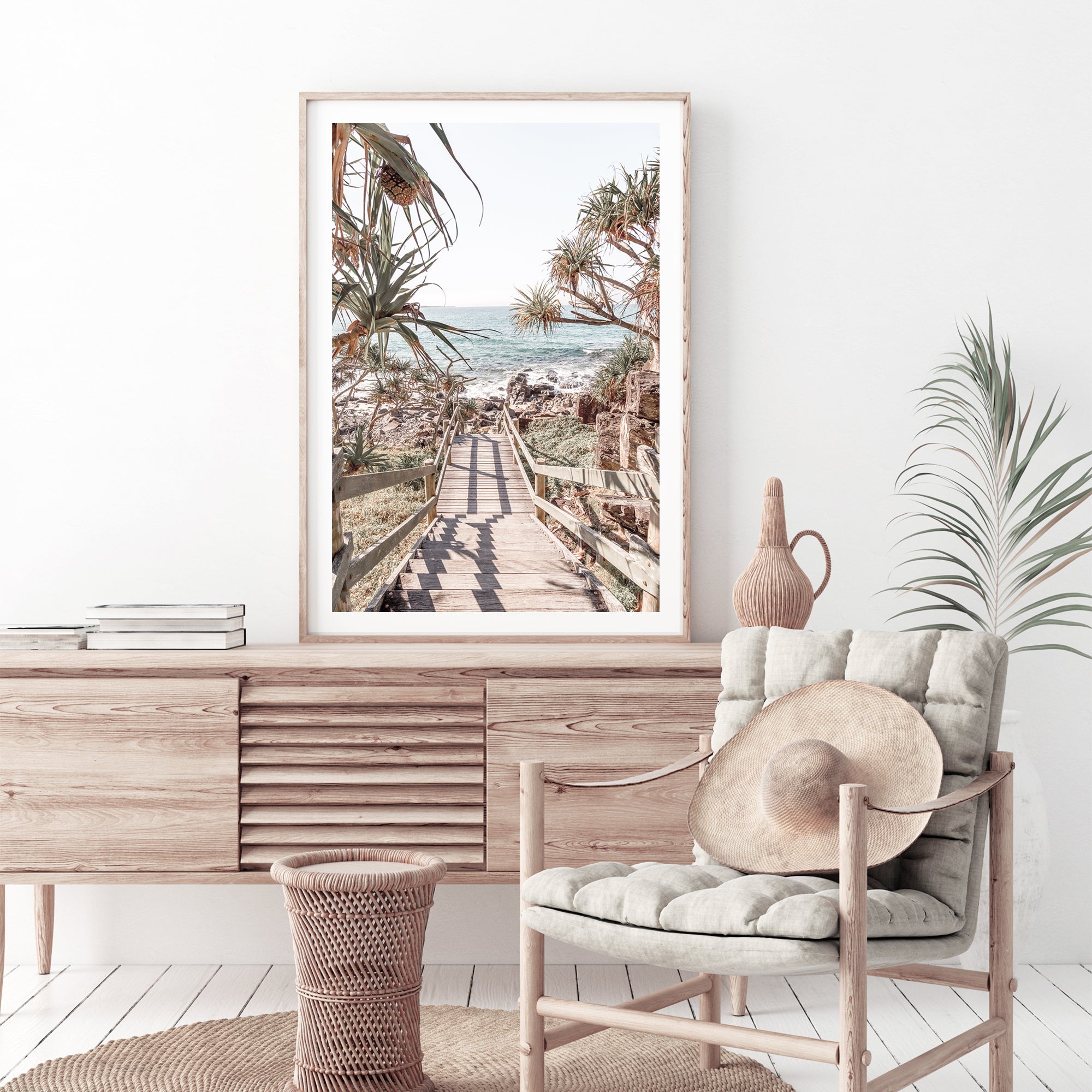 Stetched canvas wall art print of stairs to the beach , available unframed or with a timber, black or white frame.