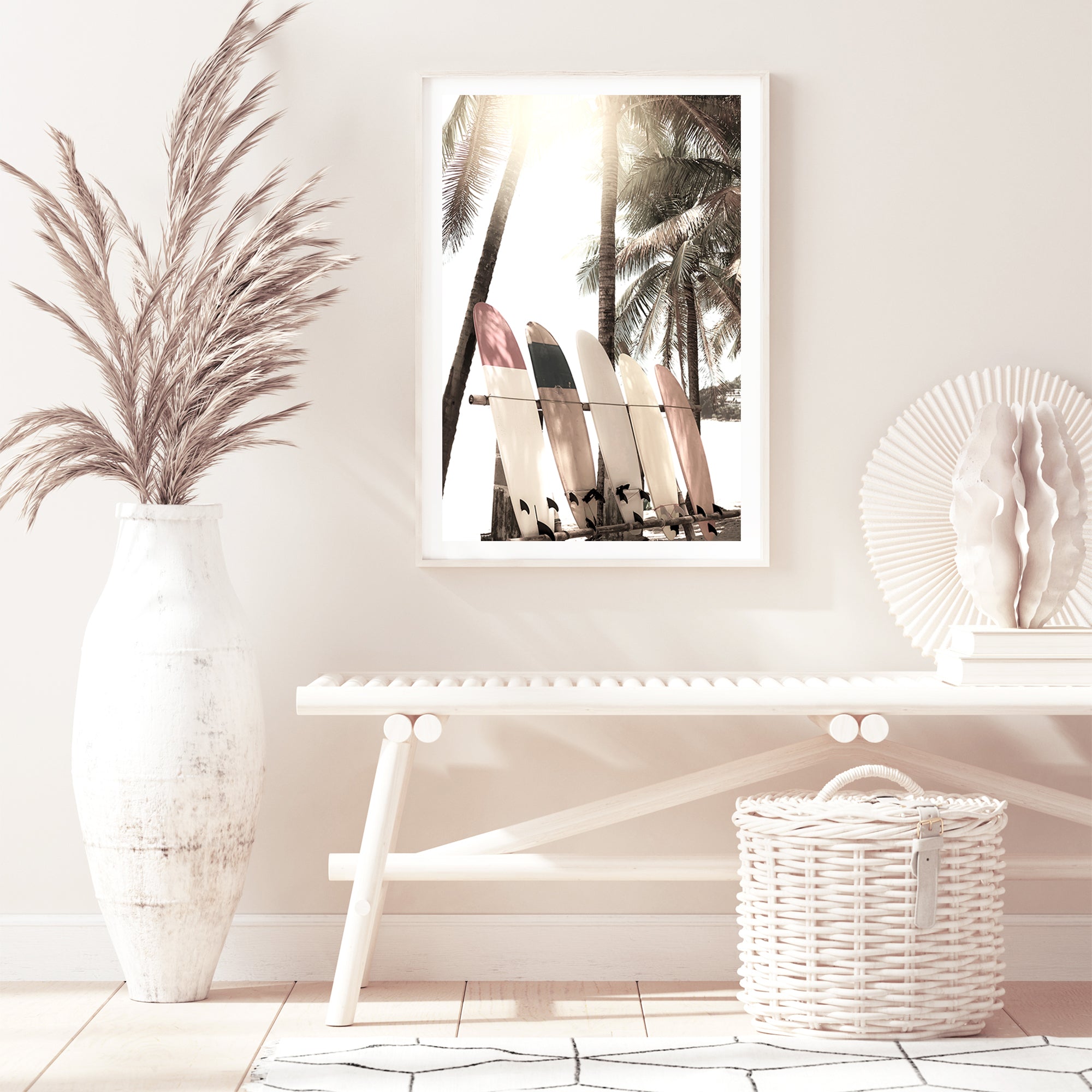A photo artwork of four white surf boards under the palm trees with a tropical sunset available in canvas and art print.