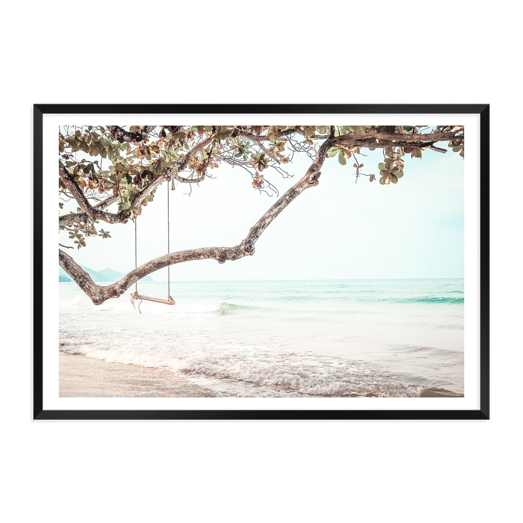 A relaxing view of the sea with a swing in the trees by the beach in this gorgeous wall art print. 