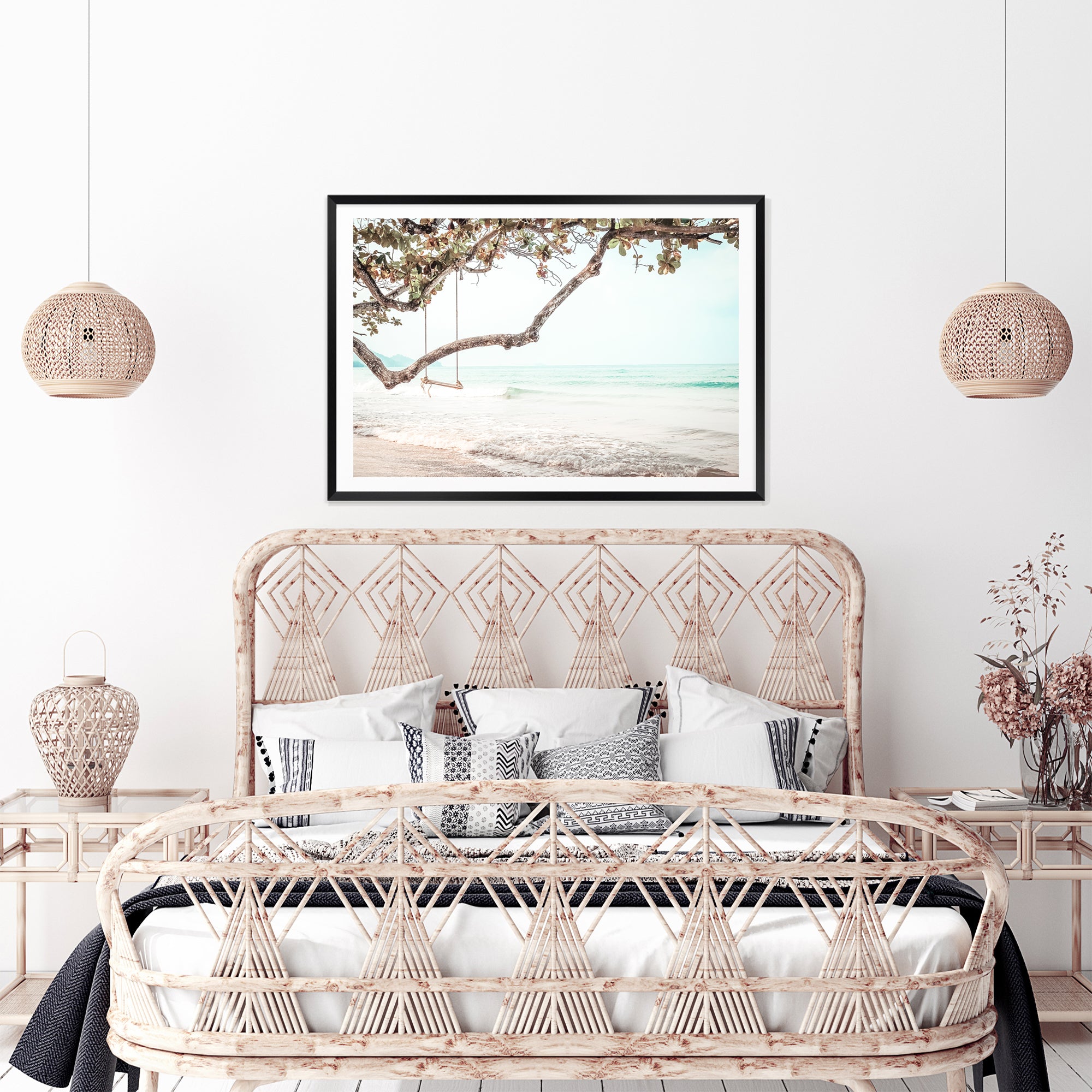 An artwork of a beachside swing with a beautiful view. This wall art print is available in a canvas, print, framed or unframed.