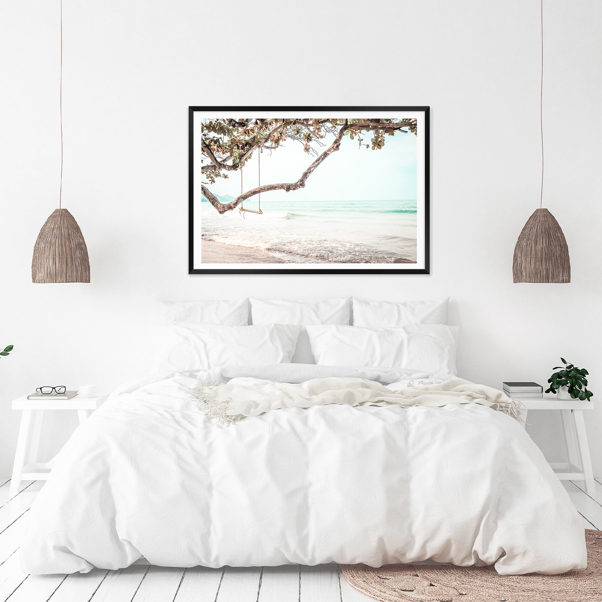 A photographic artwork of a swing among the trees at the beach, available in canvas or print, framed or unframed.