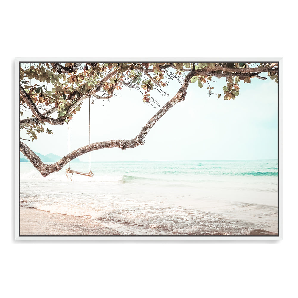 A photographic artwork of a swing at the beachside, available in canvas or print, framed or unframed.