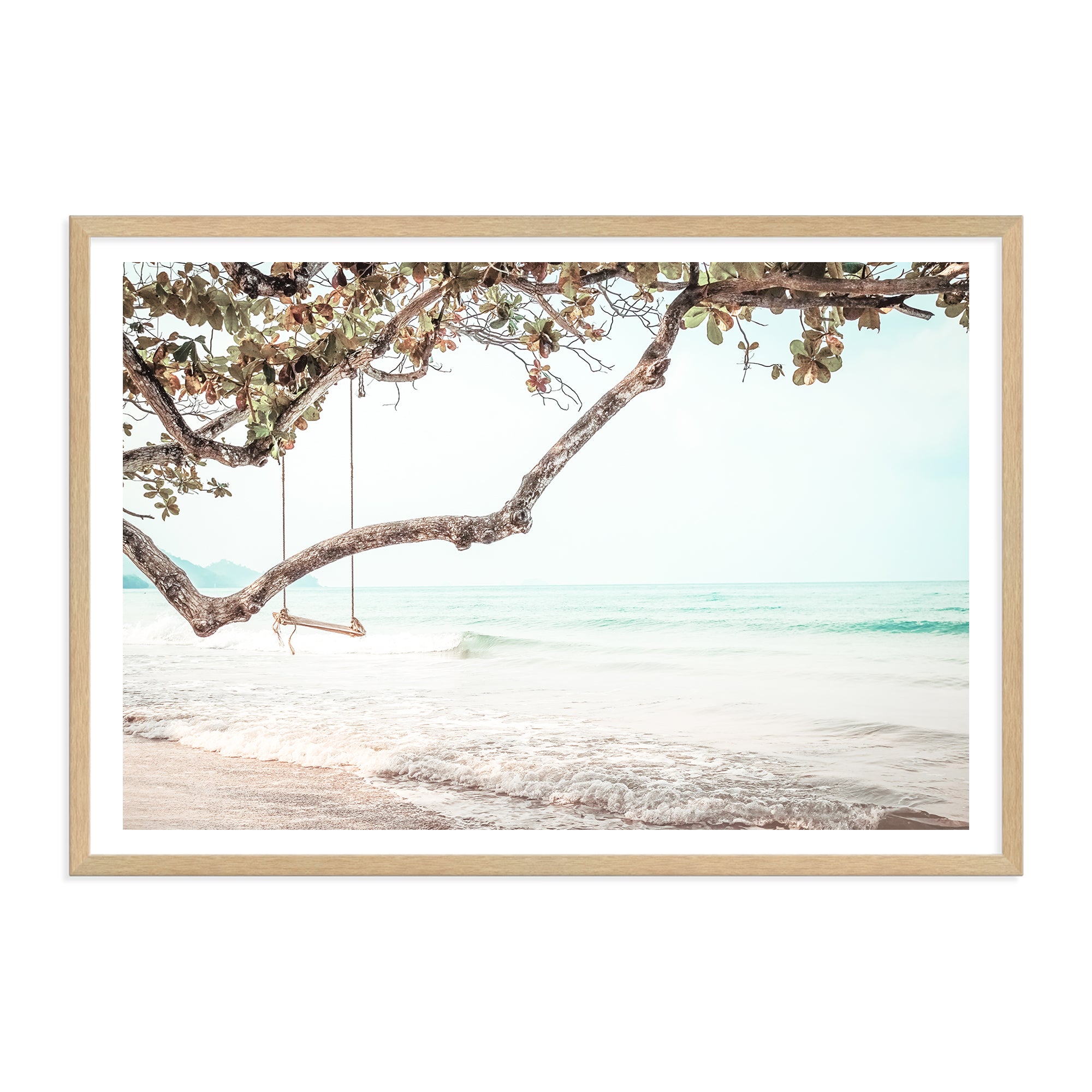 A relaxing view of the sea with a swing in the trees by the beach in this gorgeous artwork in print or canvas. 