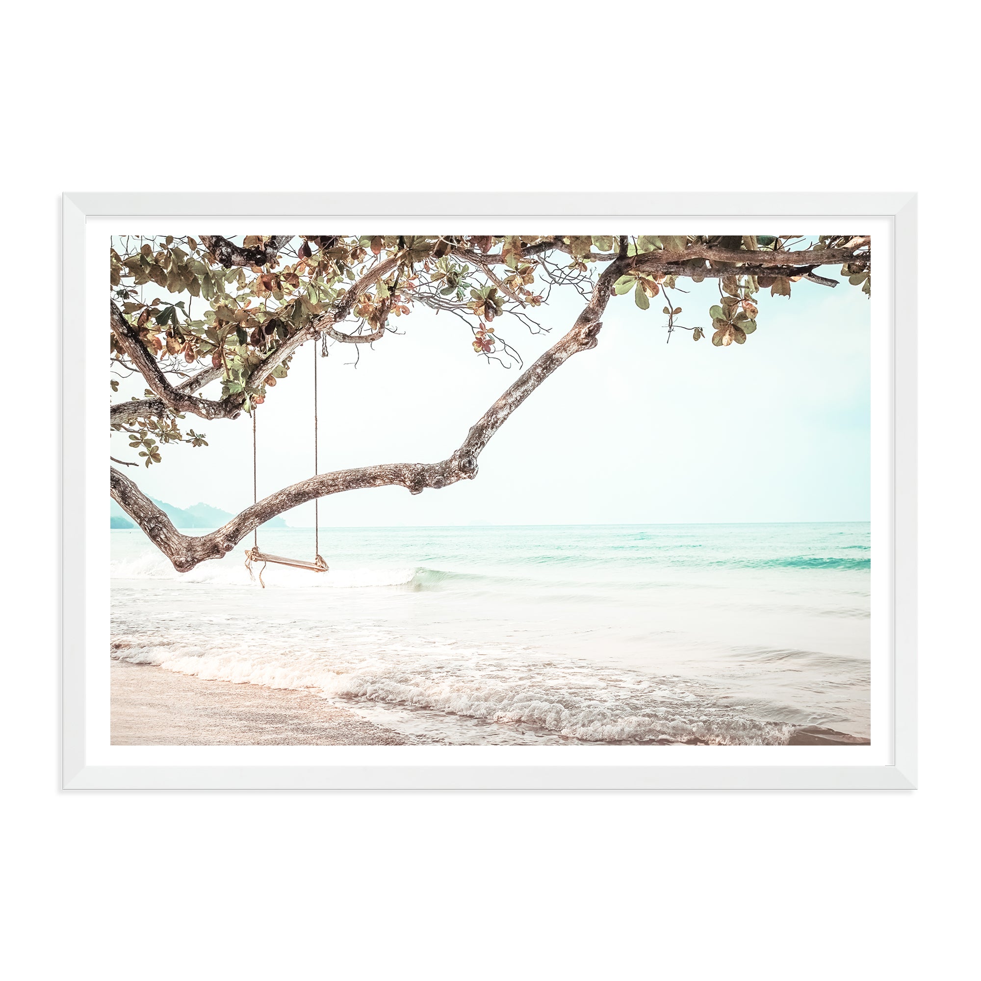 An artwork of a relaxing view of the sea with a swing in the trees by the beach, available in print and canvas. 