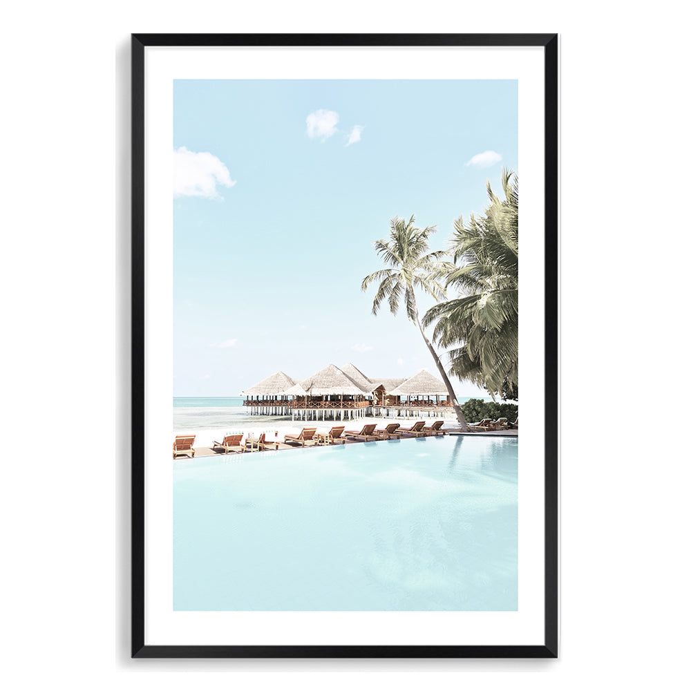 Tropical Island Huts with Palm Trees Wall Art Photograph Print or Canvas Black Framed or Unframed Beautiful Home Decor