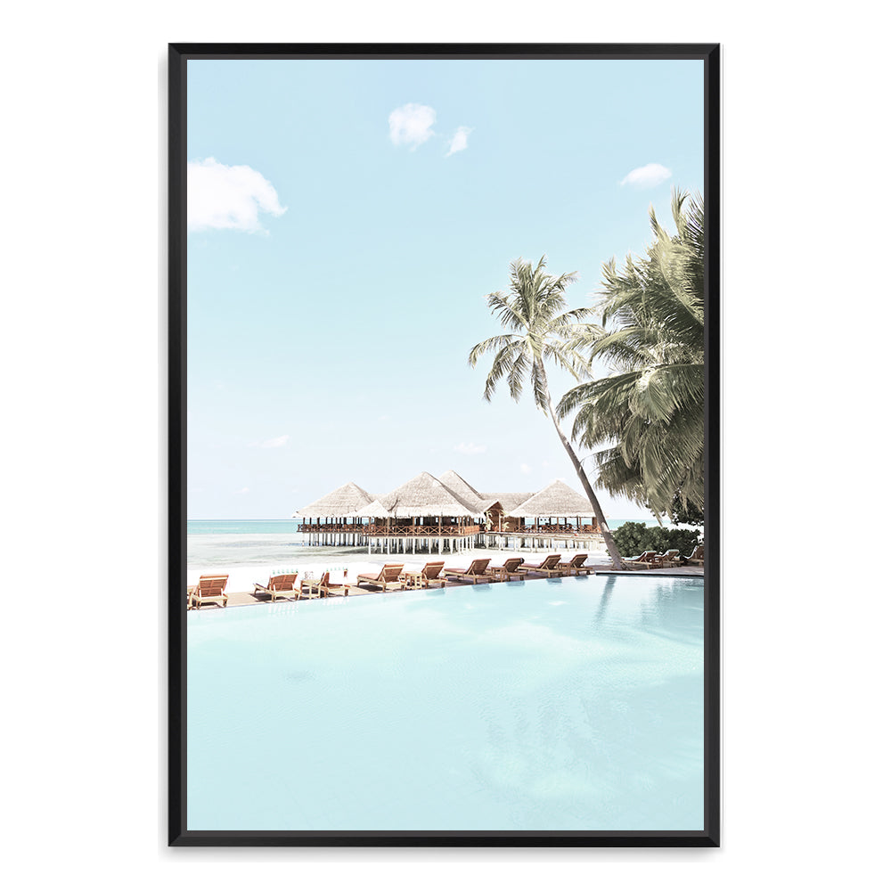 Tropical Island Huts with Palm Trees Wall Art Photograph Print or Canvas Framed in black or Unframed Beautiful Home Decor