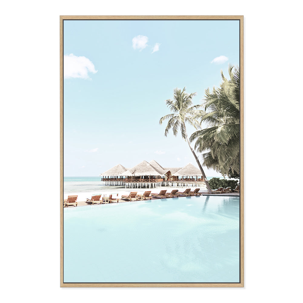 Tropical Island Huts with Palm Trees Wall Art Photograph Print or Canvas Framed in timber or Unframed Beautiful Home Decor