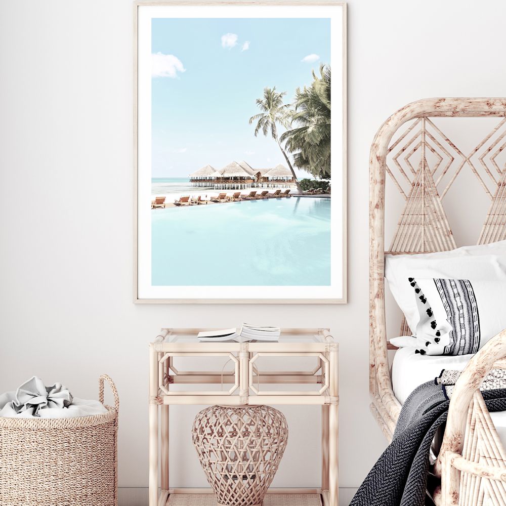 Tropical Island Huts with Palm Trees Wall Art Photograph Print or Canvas Framed or Unframed in Bedroom Beautiful Home Decor