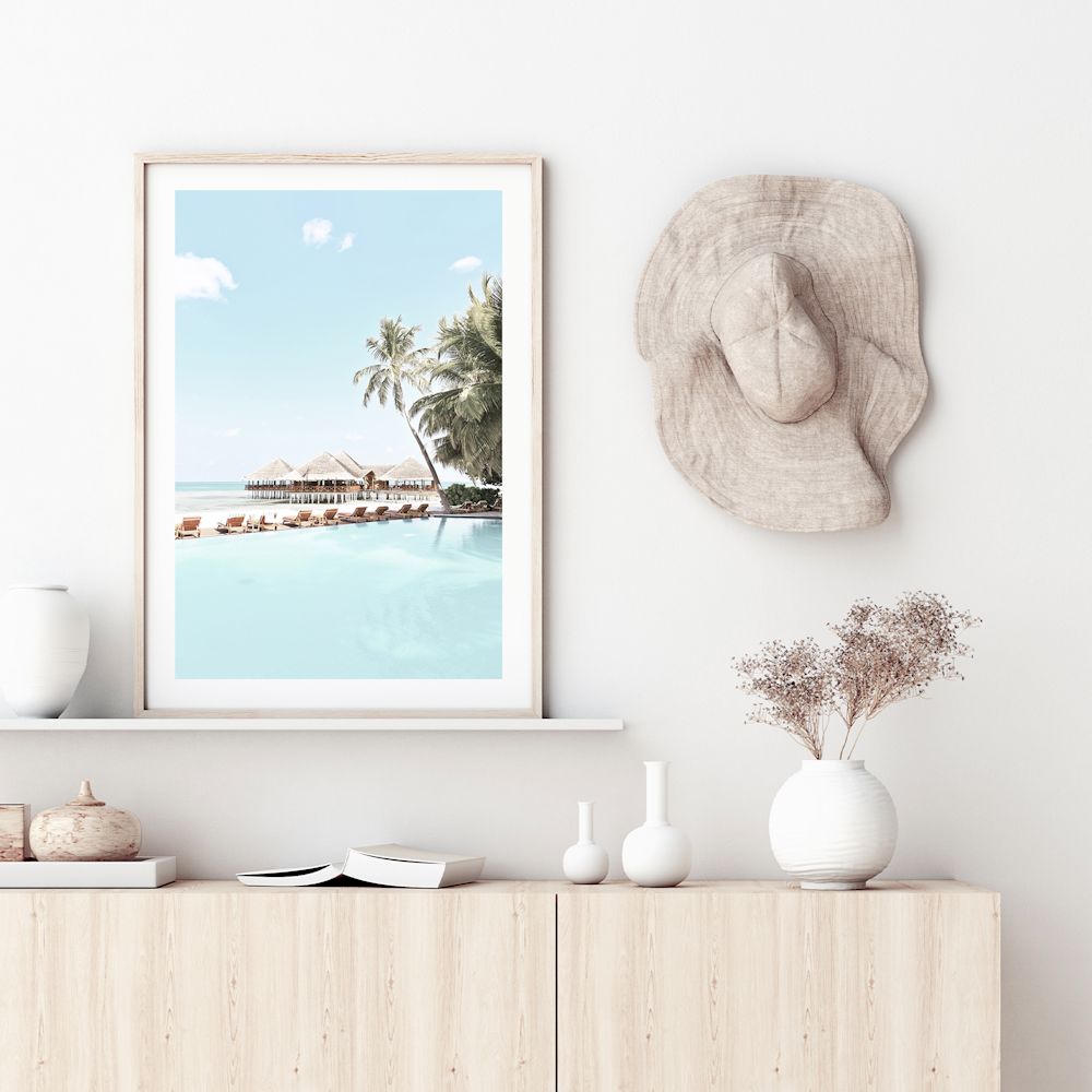 Tropical Island Huts with Palm Trees Wall Art Photograph Print or Canvas Framed or Unframed large artwork Beautiful Home Decor