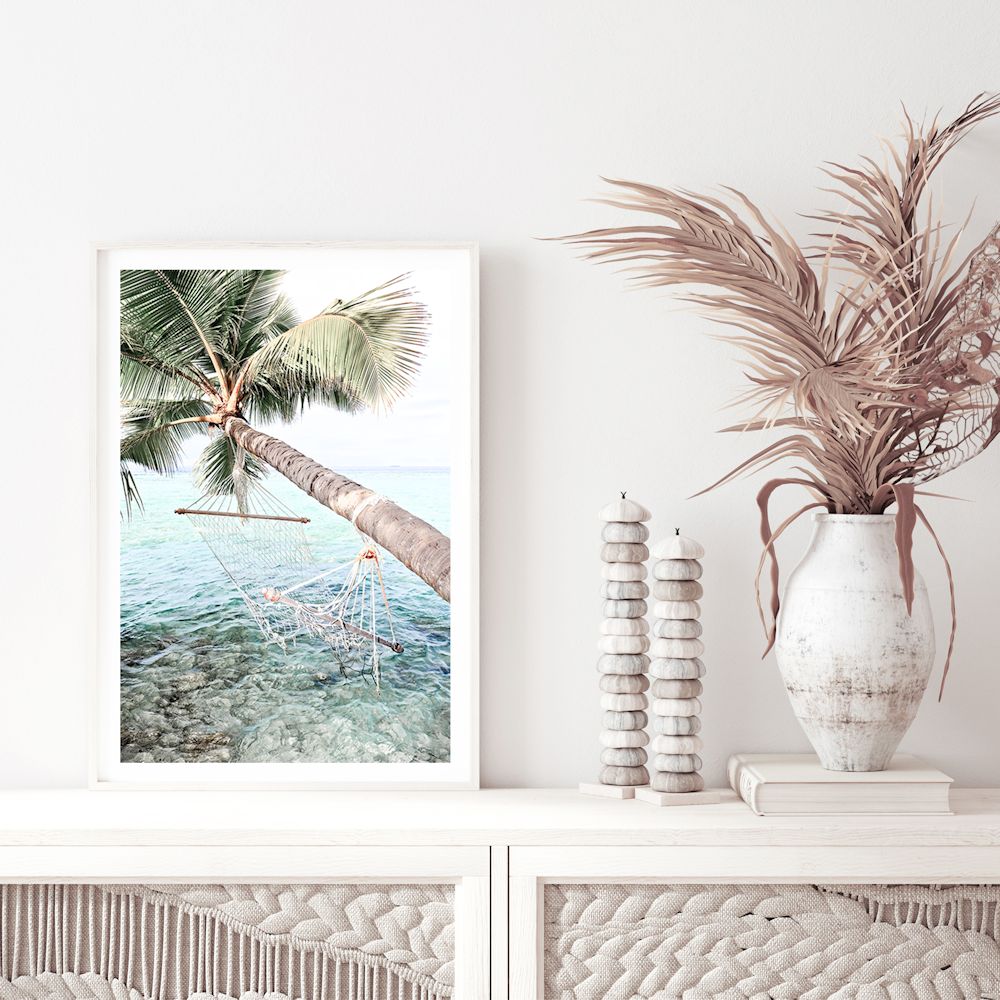 Tropical Palm Tree Beach Hammock Wall Art Photograph Print or Canvas Framed or Unframed TV Console Beautiful Home Decor