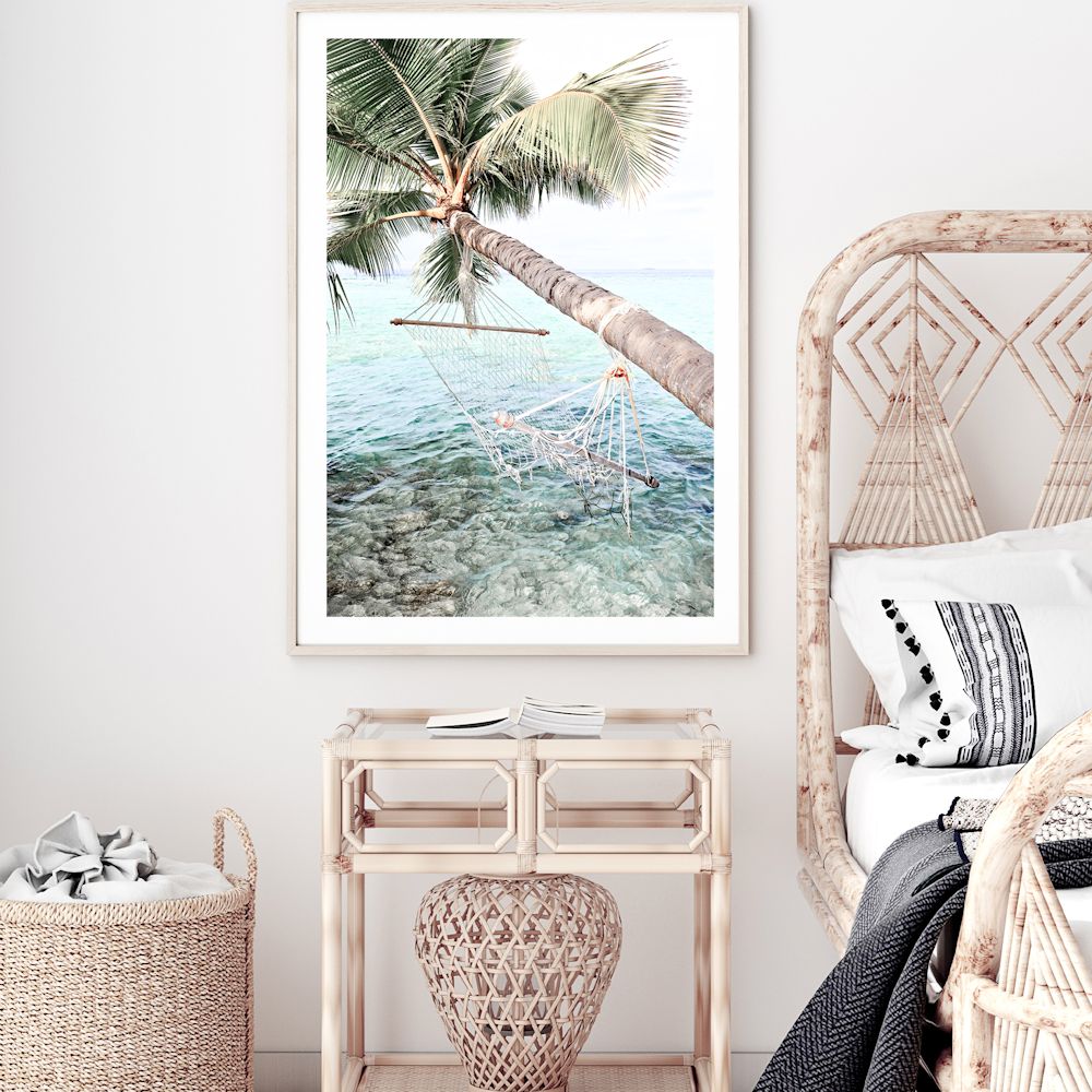 Tropical Palm Tree Beach Hammock Wall Art Photograph Print or Canvas Framed or Unframed in Bedroom Beautiful Home Decor