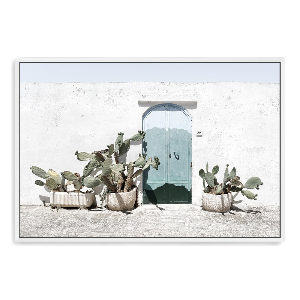 White Cactus House with Green Door Wall Art Photograph Print or Canvas Framed in white or Unframed Beautiful Home Decor