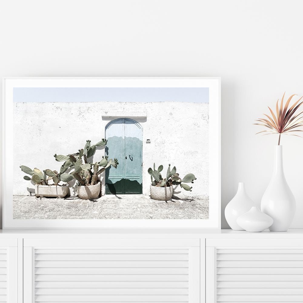 White Cactus House with Green Door Wall Art Photograph Print or Canvas Framed or Unframed TV Console Beautiful Home Decor