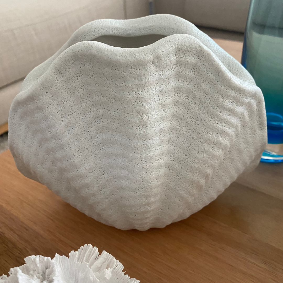 White Ceramic Oyster Vase Decorative Accessory with texture for your Coastal inspired home.