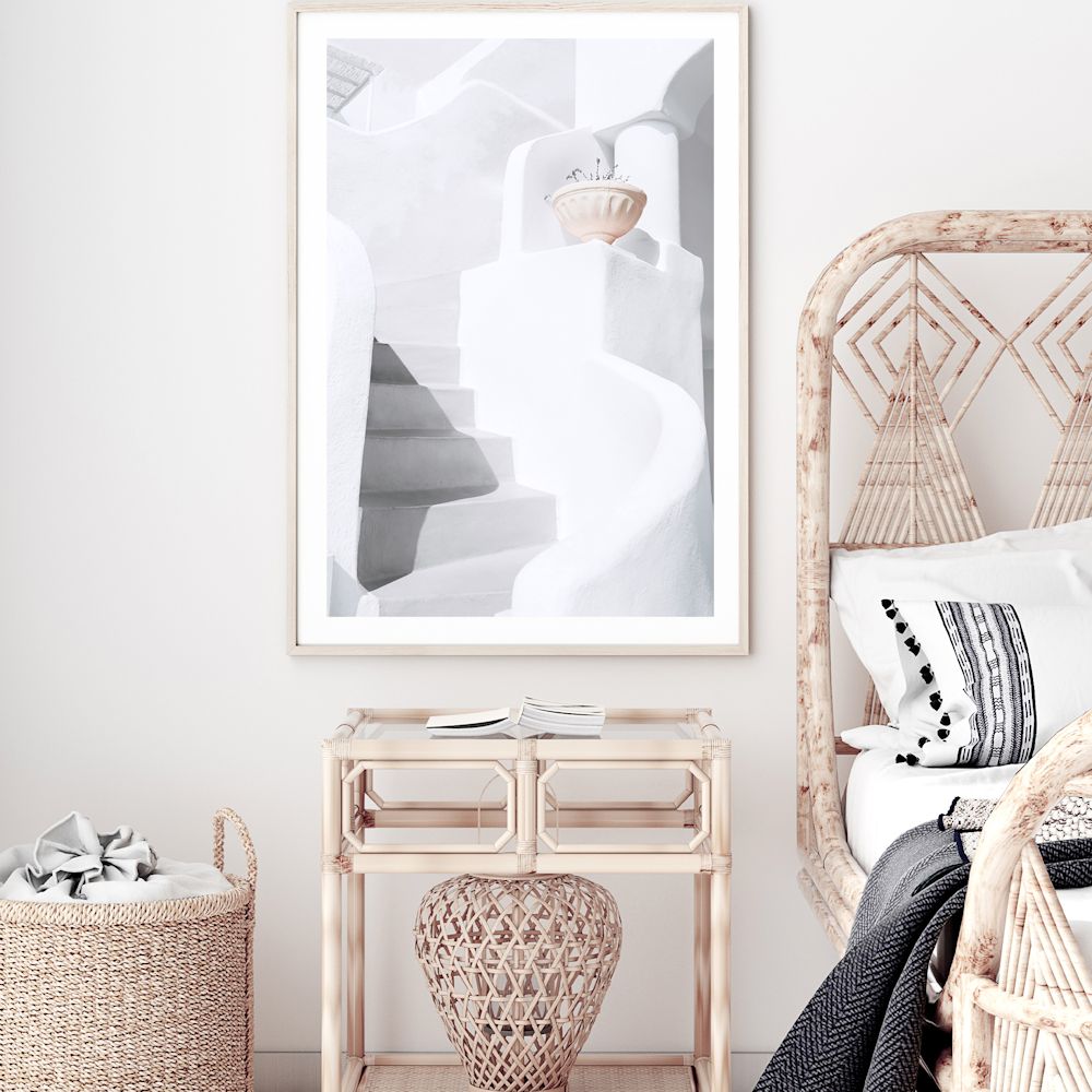 White Stairs and Stairway in Santorini Greece Abstract Wall Art Photograph Print or Canvas Framed or Unframed in Bedroom Beautiful Home Decor