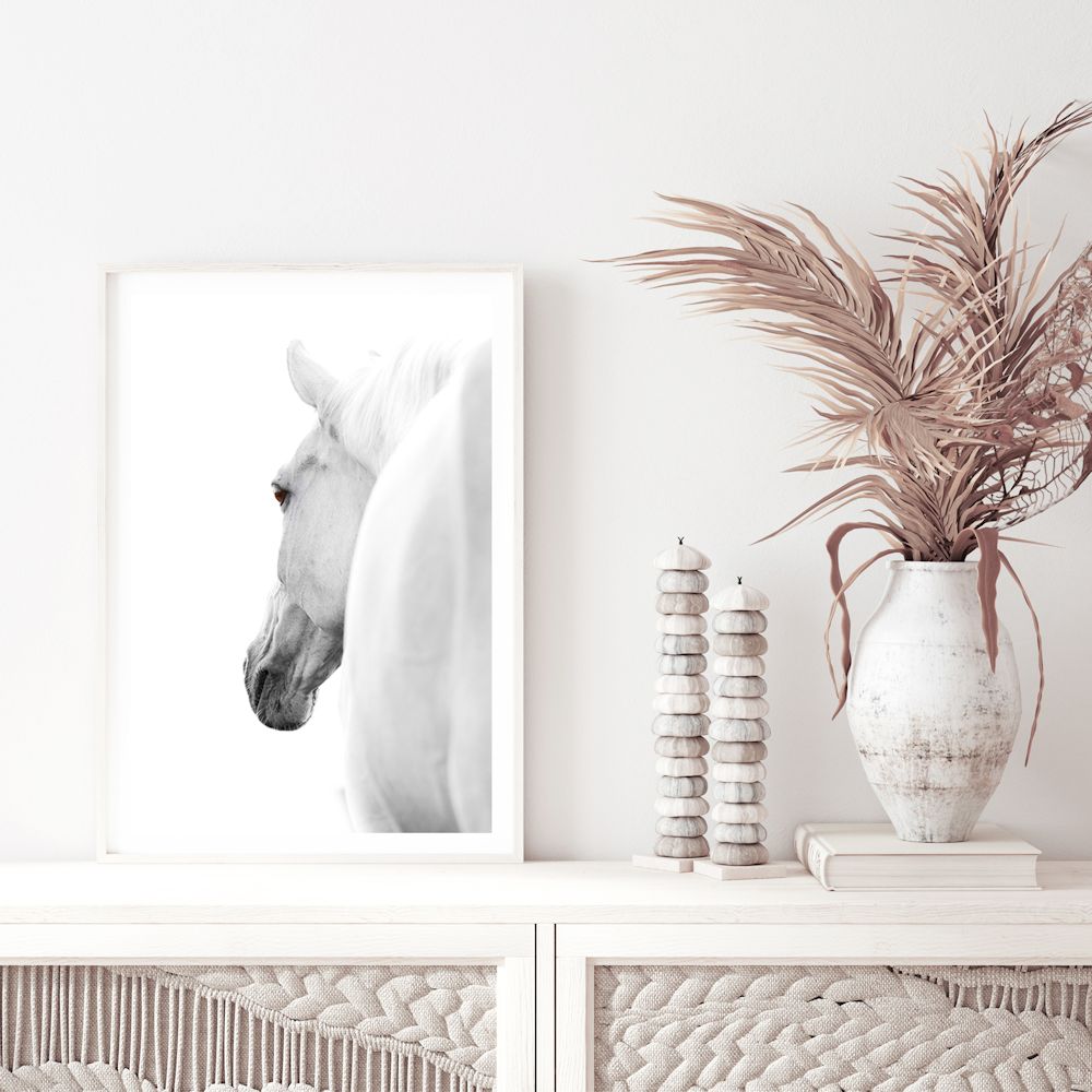 White Stallion Horse Wall Art Photograph Print or Canvas Framed or Unframed TV Console Beautiful Home Decor