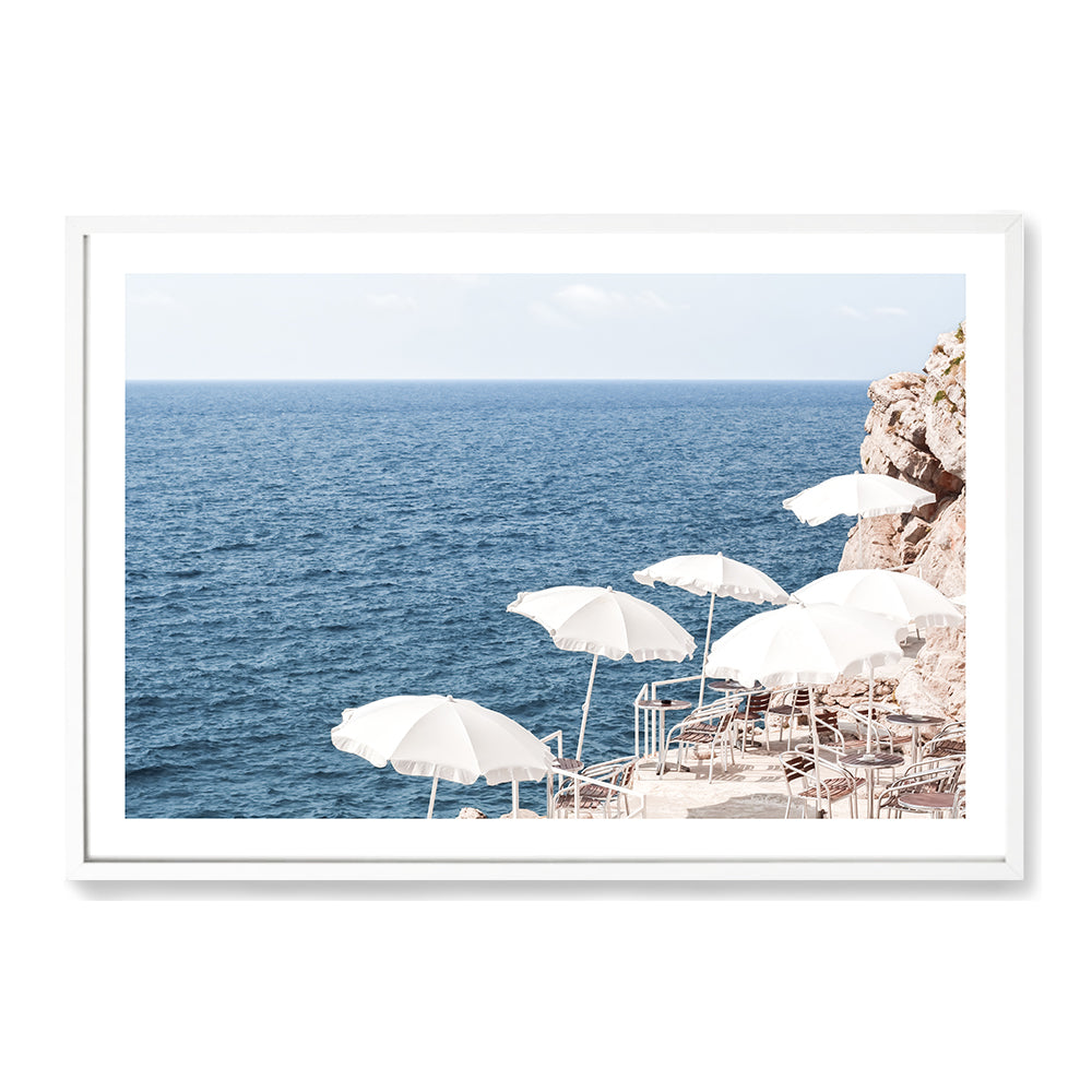 White Umbrellas on Amalfi Coast Beach Wall Art Photograph Print or Canvas white Framed or Unframed Beautiful Home Decor