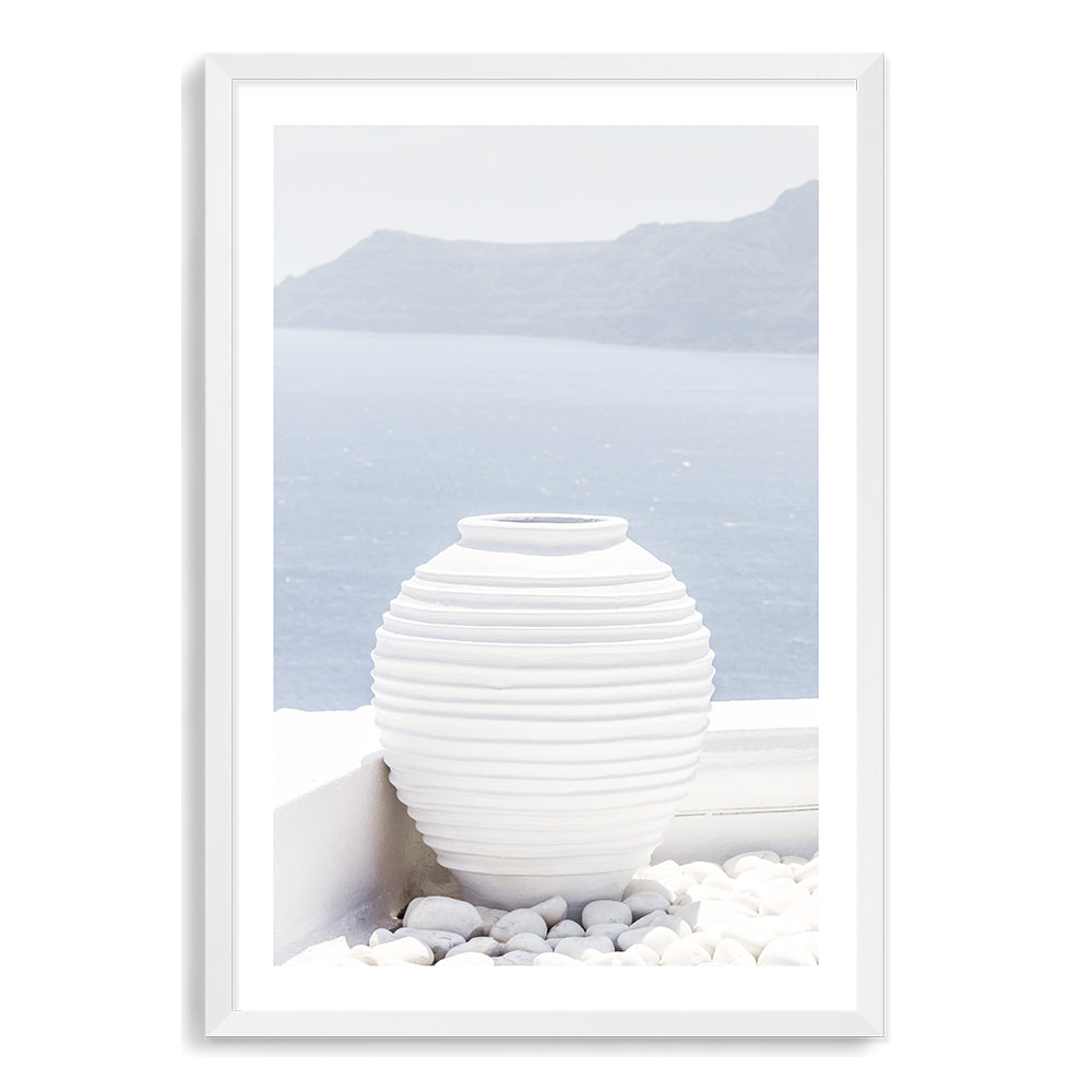 White Urn Vase in Santorini Greece Wall Art Photograph Print or Canvas White Framed or Unframed Beautiful Home Decor